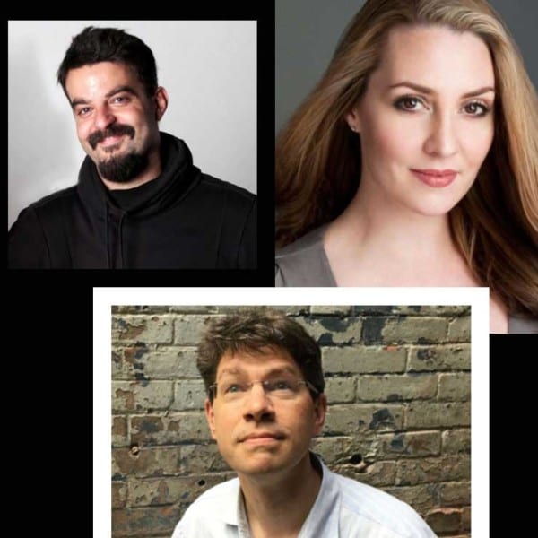 four photos, two men and two women on a black background